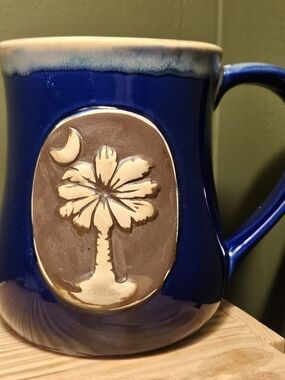Source Unknown Cobalt Blue Ceramic Mug with Palm Tree Relief